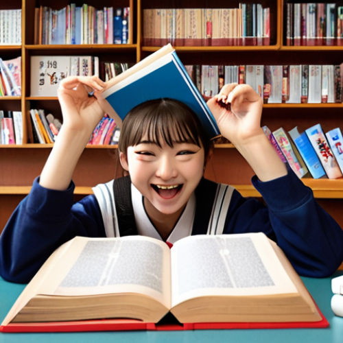 **A student celebrating passing the JLPT exam, surrounded by Japanese textbooks and manga. The atmosphere is joyful and filled with accomplishment.**