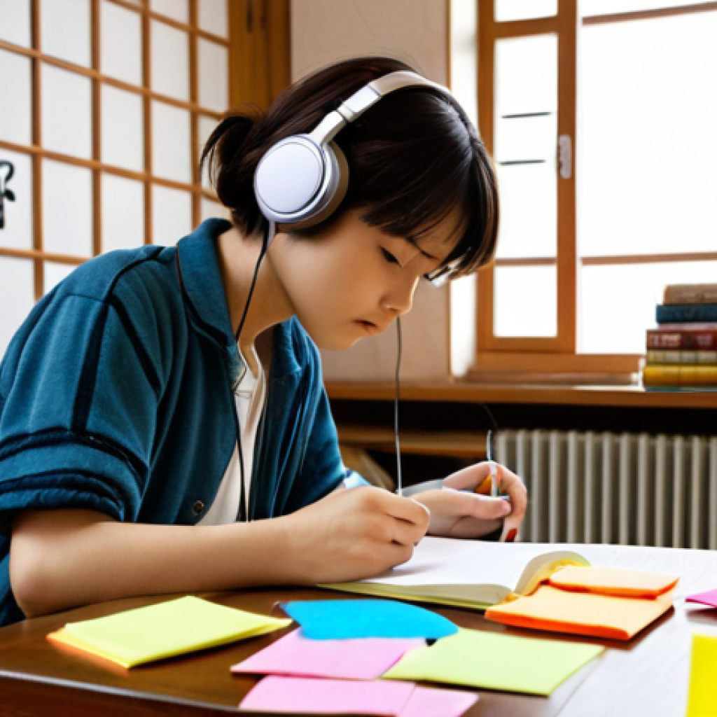 **Image Prompt:** A focused student intensely listening to JLPT audio practice with headphones, making concise notes on colorful sticky notes, timer visible in the corner, simulating exam conditions in a cozy room filled with language learning books.