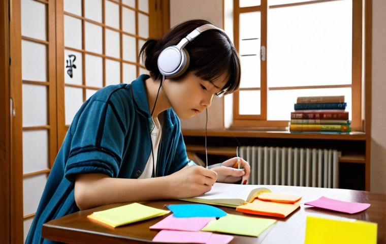 **Image Prompt:** A focused student intensely listening to JLPT audio practice with headphones, making concise notes on colorful sticky notes, timer visible in the corner, simulating exam conditions in a cozy room filled with language learning books.